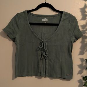 Hollister, Dark Green Pointelle Tie Front Cropped Short Sleeve Blouse (Medium)